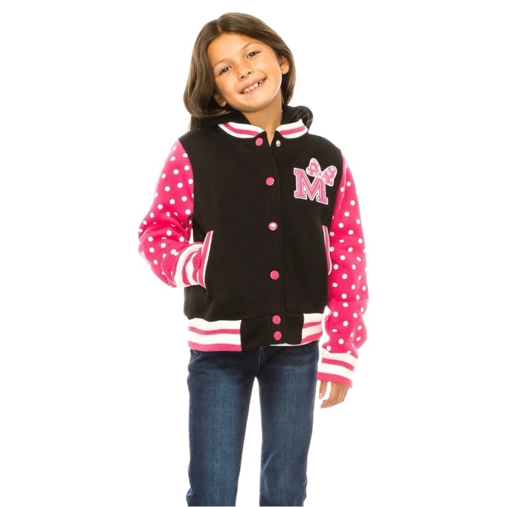 unik Mini Bow Girl Varsity Embroidered Fleece Jacket with Polka Dot Sleeves XL